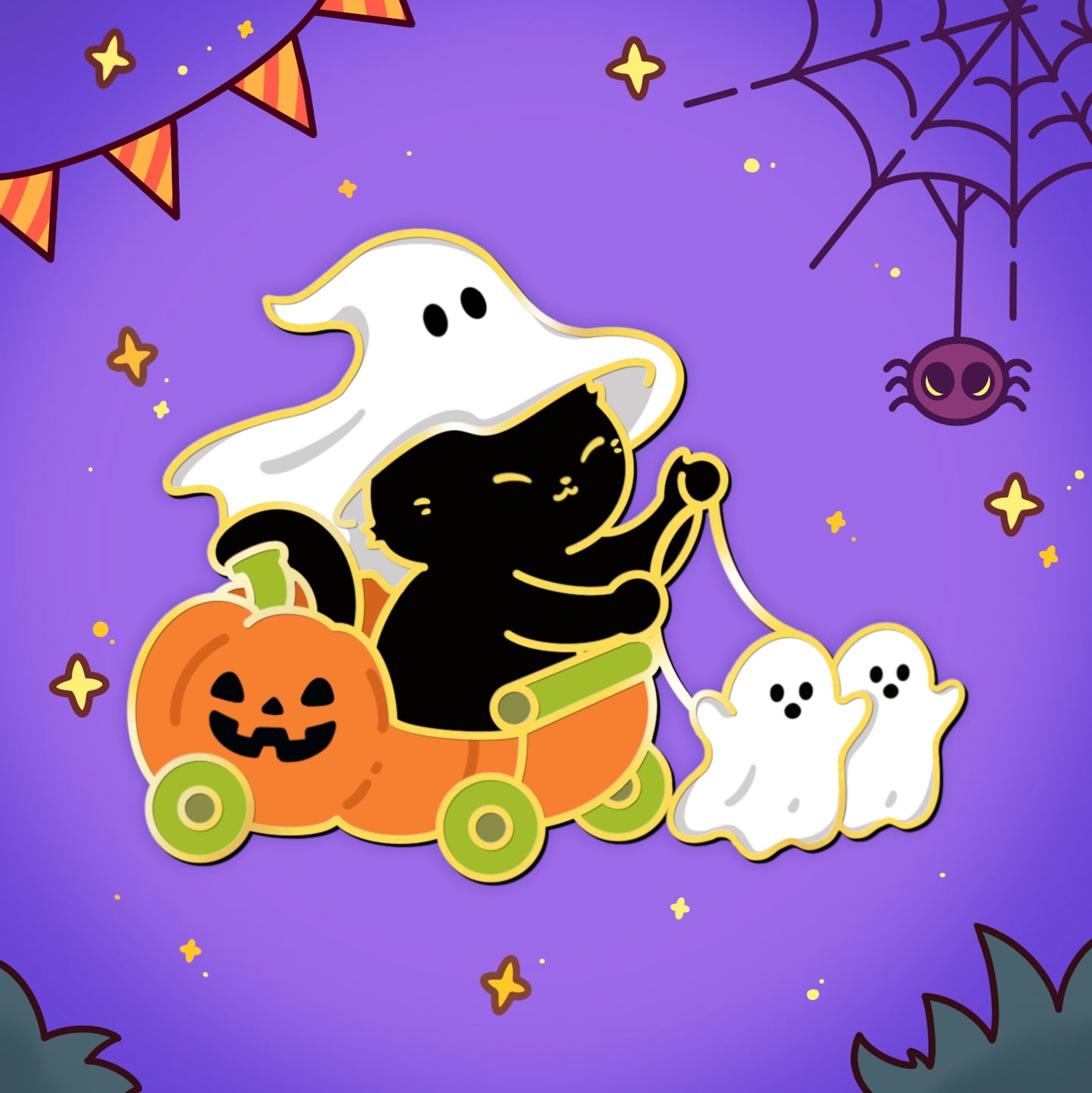 Pumpkin Sled Black Cat Halloween Pin