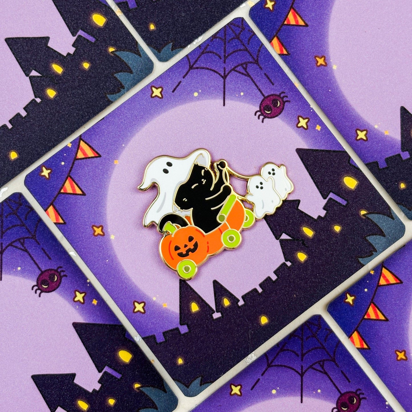 Pumpkin Sled Black Cat Halloween Pin