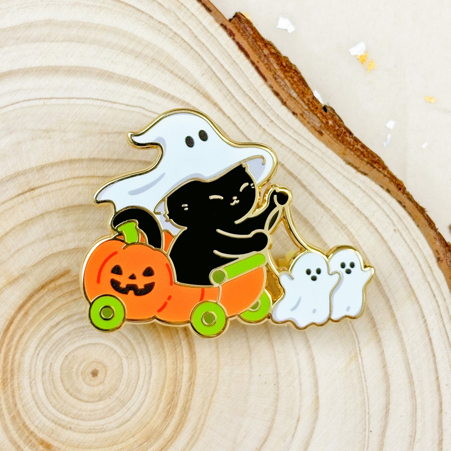 Pumpkin Sled Black Cat Halloween Pin
