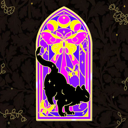 Lunar Descent Stained Glass Cat Pin