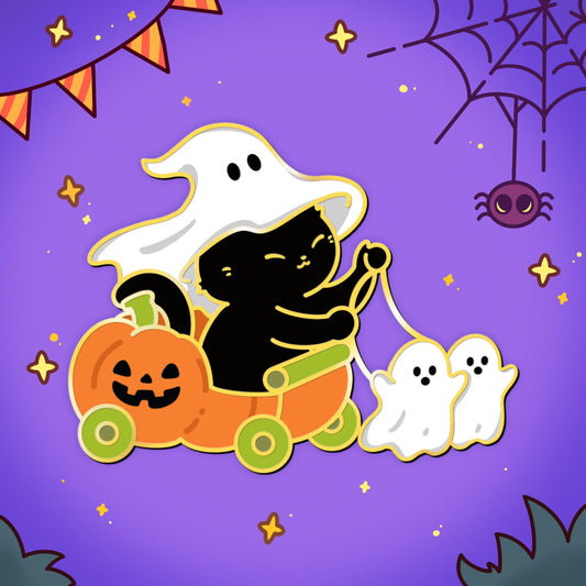 Pumpkin Sled Black Cat Halloween Pin