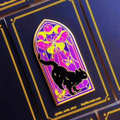 Lunar Descent Stained Glass Cat Pin