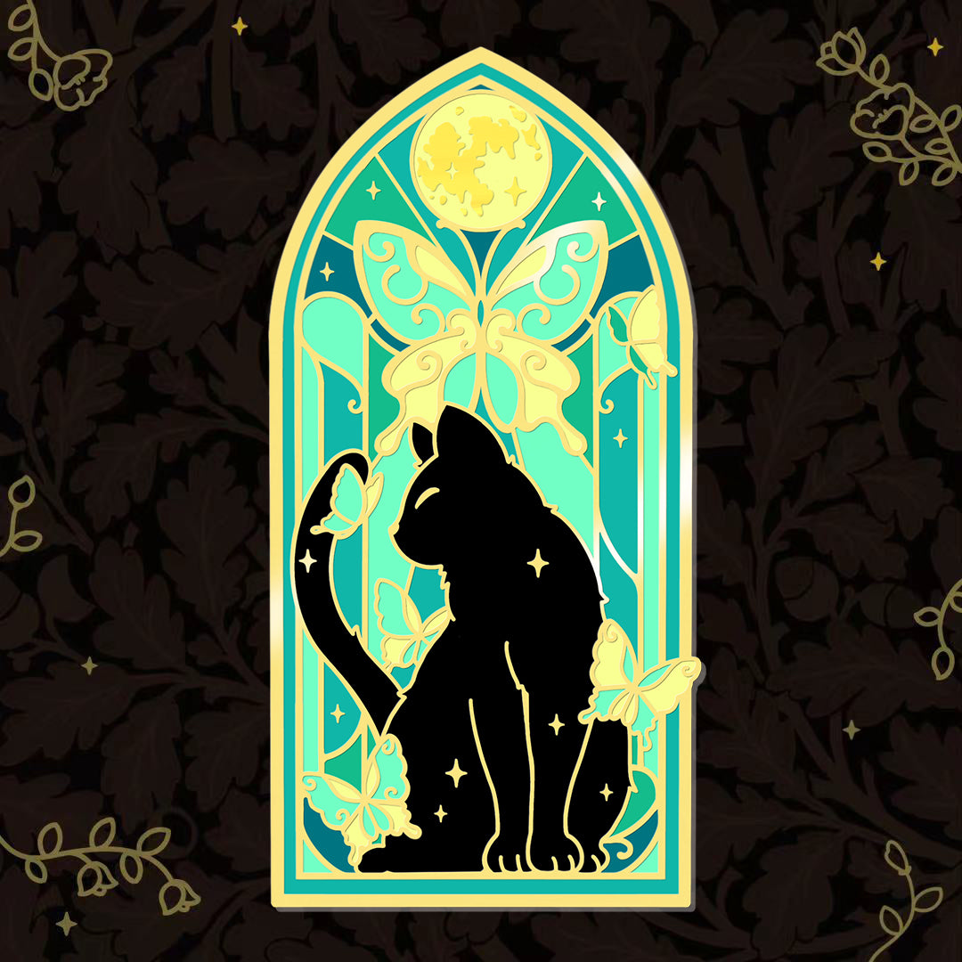 Nocturne in Viridian Stained Glass Cat Pin