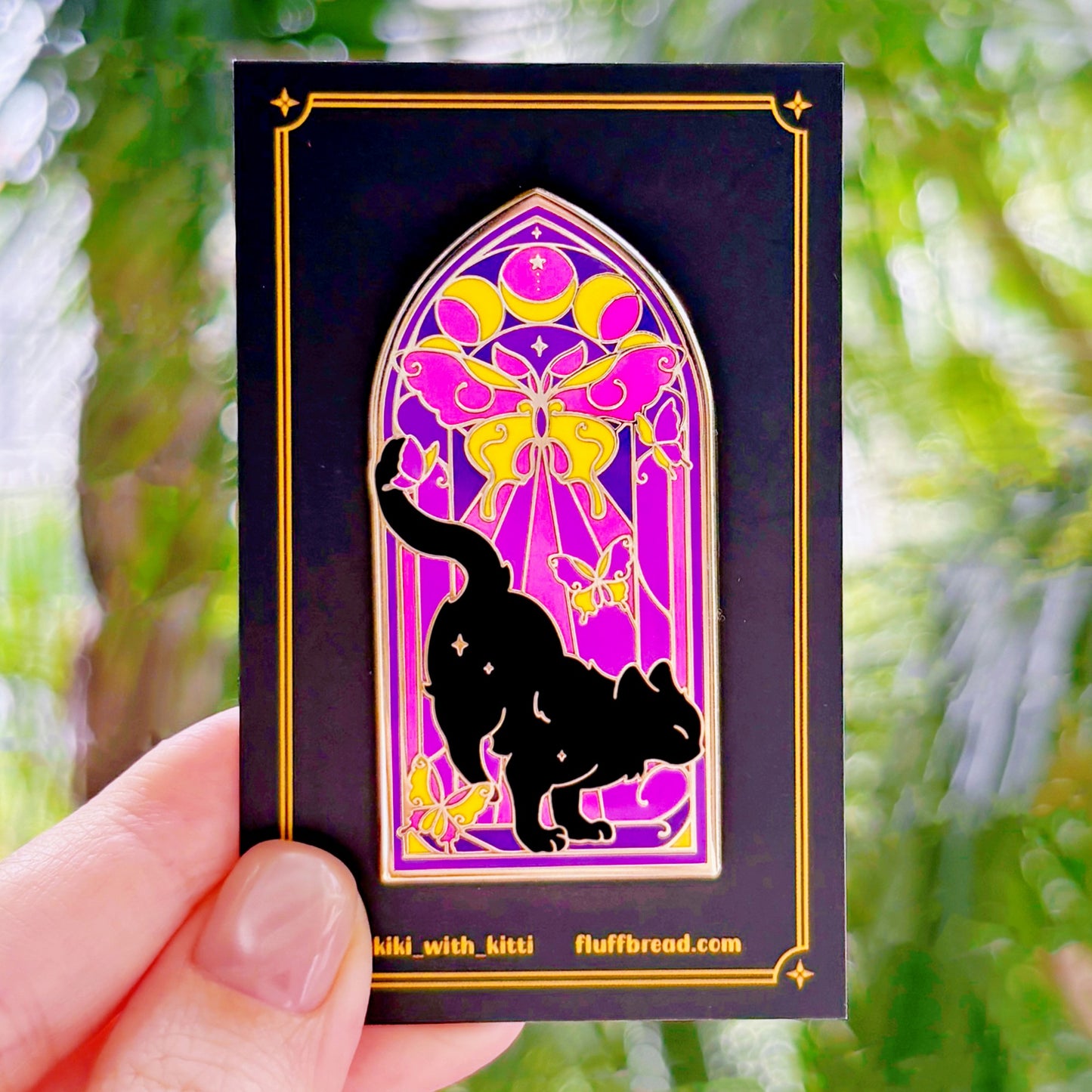 Lunar Descent Stained Glass Cat Pin